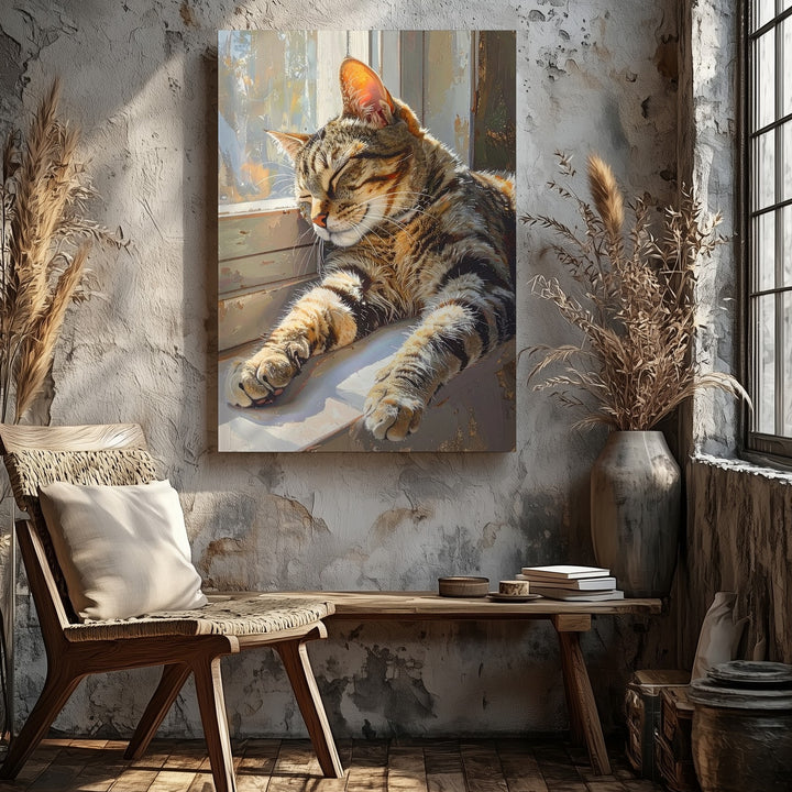 Sunlit Tabby on Windowsill Canvas – Peaceful Realistic Cat Wall Art - Gifitto