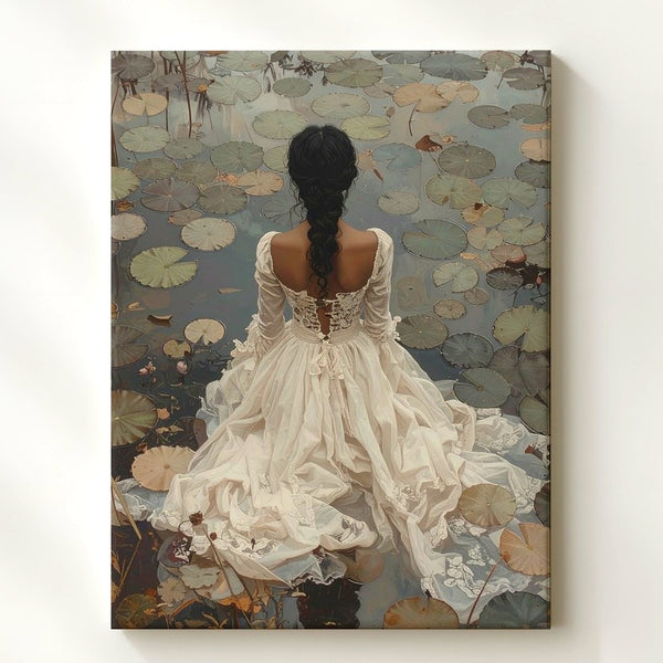 Lily Pond Solitude Canvas – Woman in White Dress Among Water Lilies - Gifitto