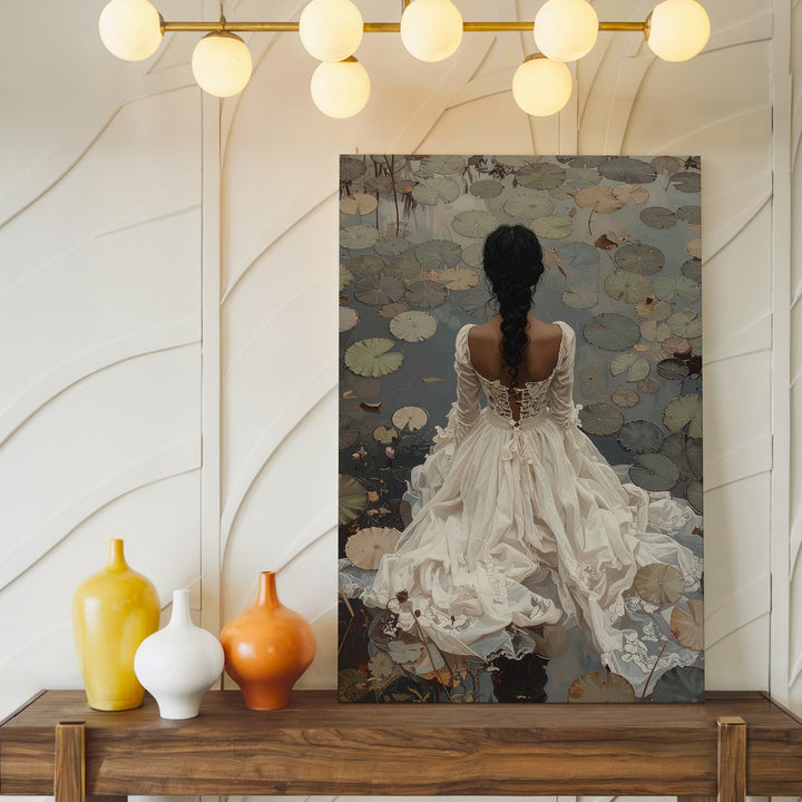 Lily Pond Solitude Canvas – Woman in White Dress Among Water Lilies - Gifitto