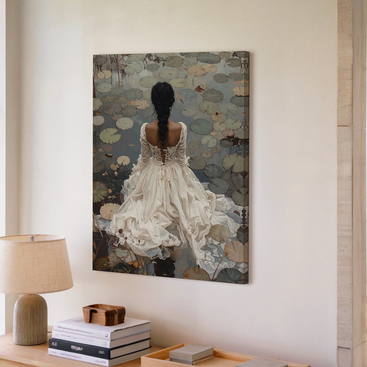 Lily Pond Solitude Canvas – Woman in White Dress Among Water Lilies - Gifitto