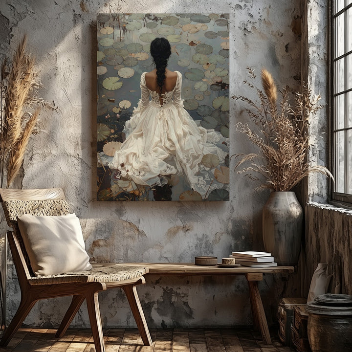 Lily Pond Solitude Canvas – Woman in White Dress Among Water Lilies - Gifitto
