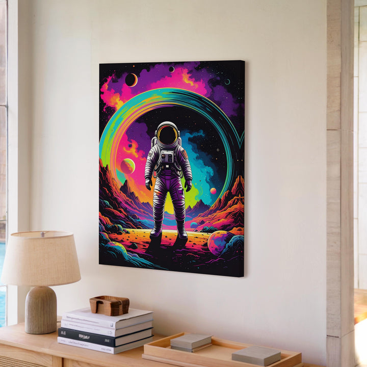 Astronaut on Alien World Canvas – Vibrant Nebulae and Cosmic Landscape - Gifitto