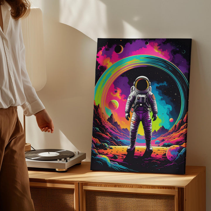 Astronaut on Alien World Canvas – Vibrant Nebulae and Cosmic Landscape - Gifitto