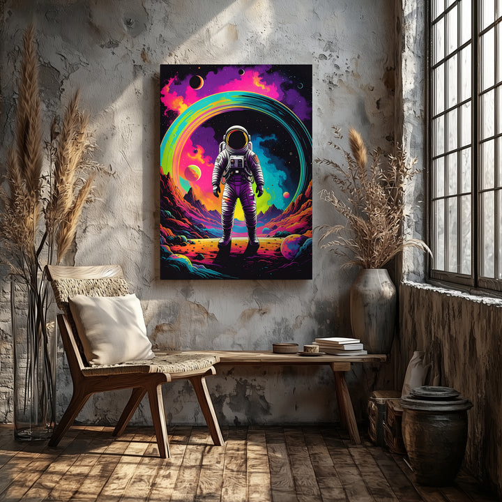 Astronaut on Alien World Canvas – Vibrant Nebulae and Cosmic Landscape - Gifitto