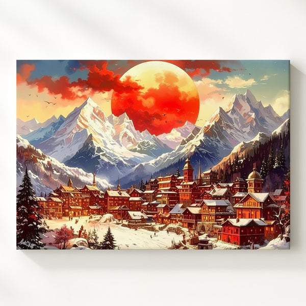 Alpine Village Under Red Sun Canvas – Watercolor Winter Landscape Wall Art - Gifitto
