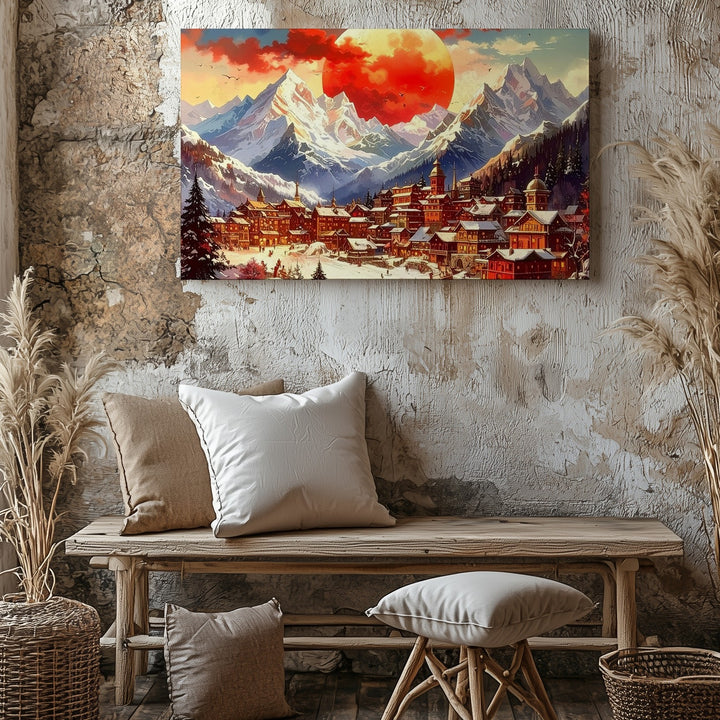 Alpine Village Under Red Sun Canvas – Watercolor Winter Landscape Wall Art - Gifitto