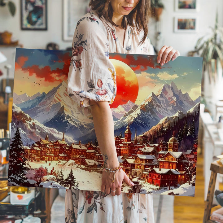 Alpine Village Under Red Sun Canvas – Watercolor Winter Landscape Wall Art - Gifitto