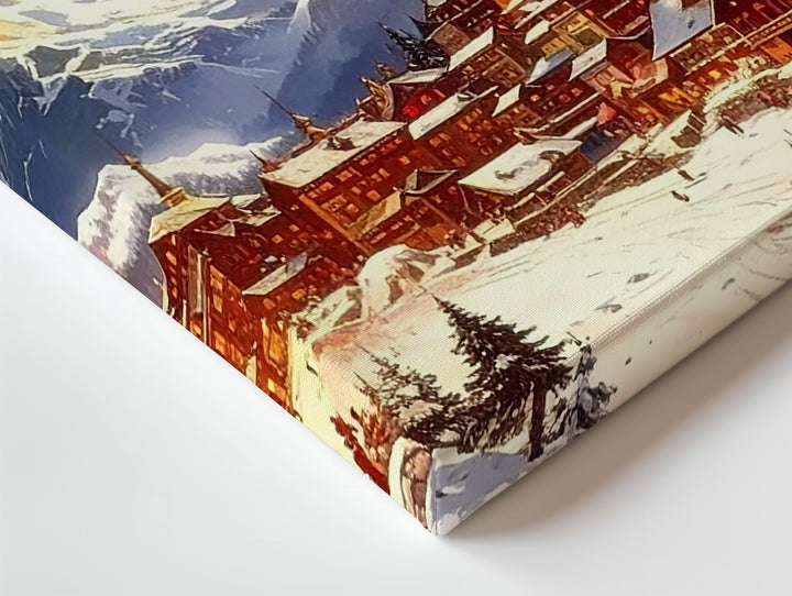 Alpine Village Under Red Sun Canvas – Watercolor Winter Landscape Wall Art - Gifitto