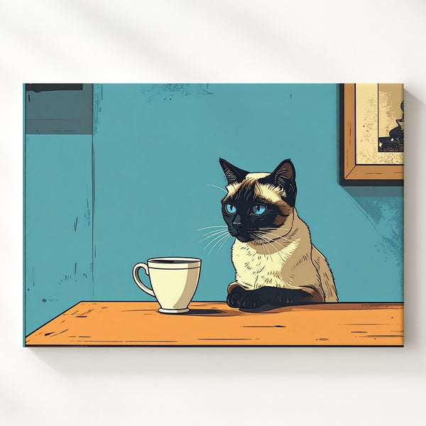 Pop-Art Siamese Cat Canvas – Contemplative Cat with Teacup in Bold Colors - Gifitto