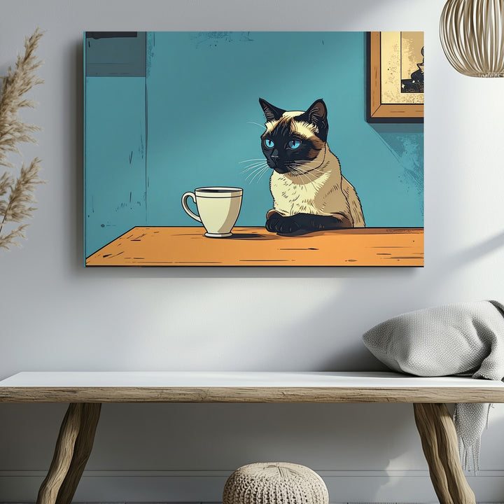 Pop-Art Siamese Cat Canvas – Contemplative Cat with Teacup in Bold Colors - Gifitto