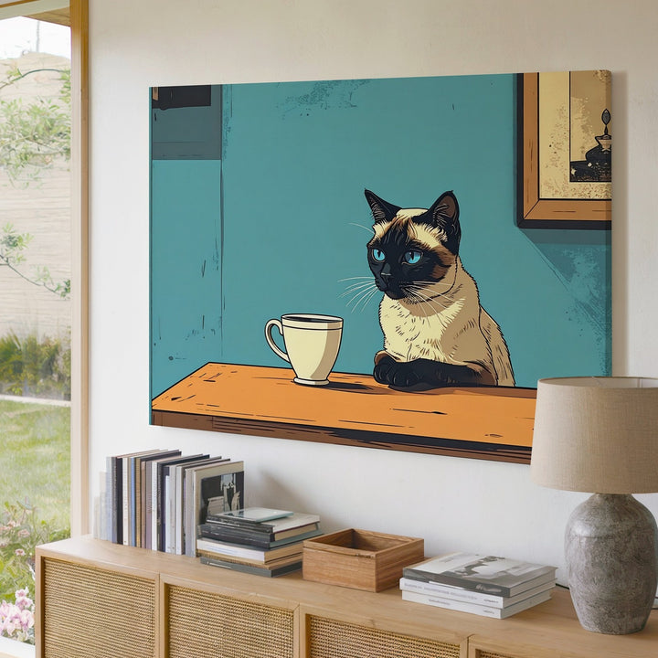 Pop-Art Siamese Cat Canvas – Contemplative Cat with Teacup in Bold Colors - Gifitto