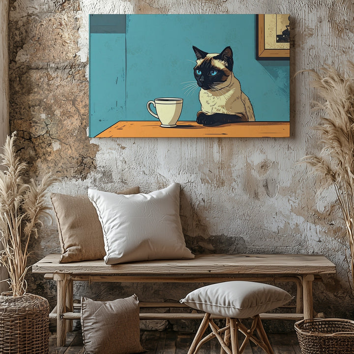 Pop-Art Siamese Cat Canvas – Contemplative Cat with Teacup in Bold Colors - Gifitto