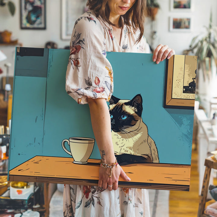 Pop-Art Siamese Cat Canvas – Contemplative Cat with Teacup in Bold Colors - Gifitto