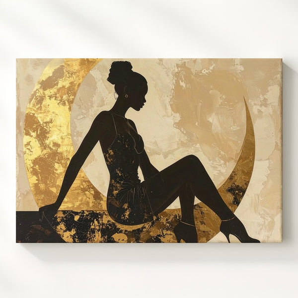 Moonlit Grace Canvas – Feminine Silhouette on Golden Crescent Wall Art - Gifitto