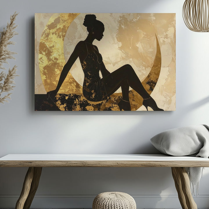 Moonlit Grace Canvas – Feminine Silhouette on Golden Crescent Wall Art - Gifitto