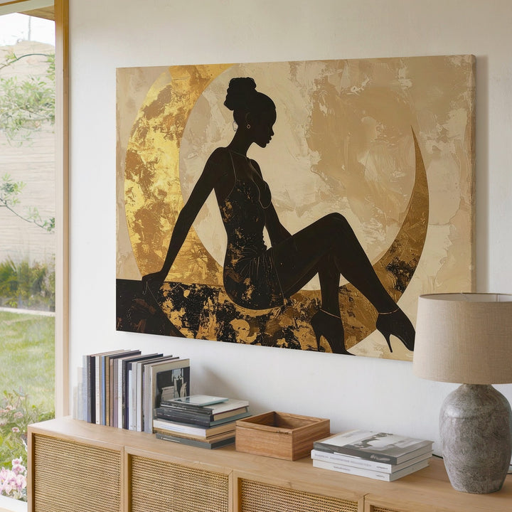 Moonlit Grace Canvas – Feminine Silhouette on Golden Crescent Wall Art - Gifitto