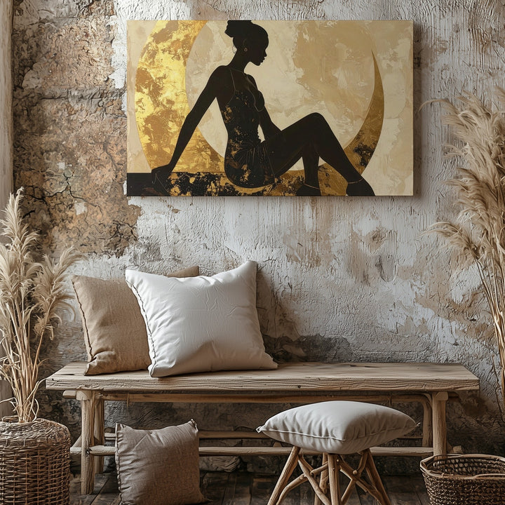 Moonlit Grace Canvas – Feminine Silhouette on Golden Crescent Wall Art - Gifitto