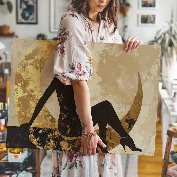 Moonlit Grace Canvas – Feminine Silhouette on Golden Crescent Wall Art - Gifitto