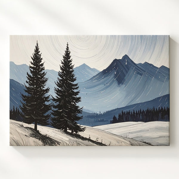 Lone Pine Silence Canvas – Minimalist Winter Landscape with Blue Mountains - Gifitto