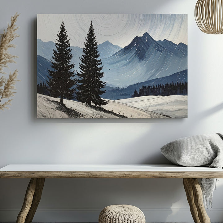 Lone Pine Silence Canvas – Minimalist Winter Landscape with Blue Mountains - Gifitto