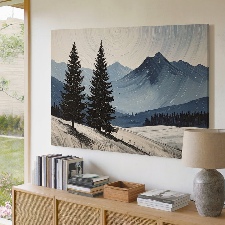 Lone Pine Silence Canvas – Minimalist Winter Landscape with Blue Mountains - Gifitto