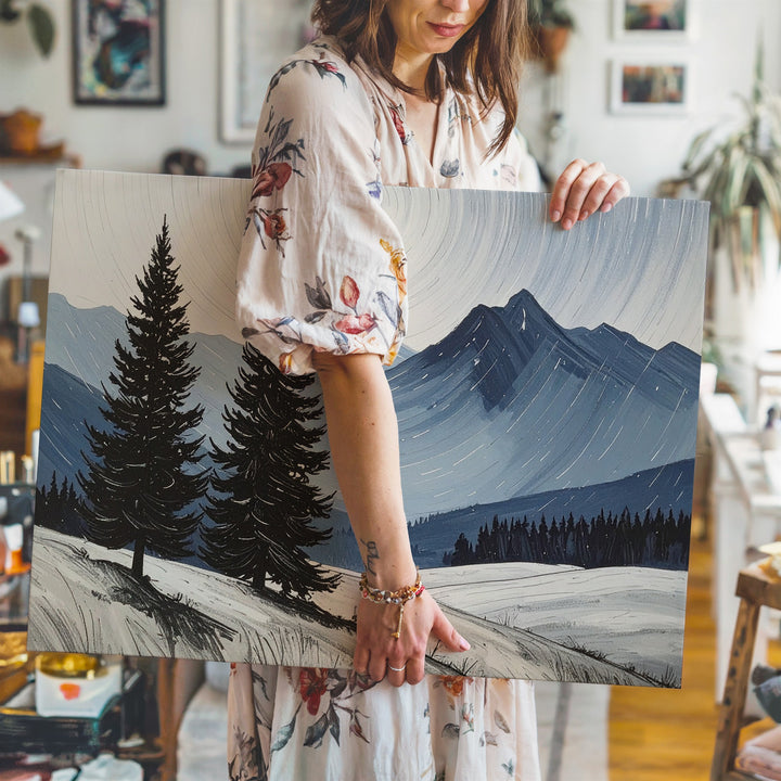 Lone Pine Silence Canvas – Minimalist Winter Landscape with Blue Mountains - Gifitto