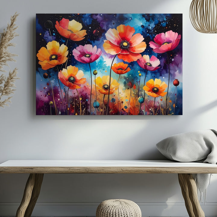 Cosmic Wildflower Canvas – Surreal Floral Fantasy with Starry Night Sky - Gifitto