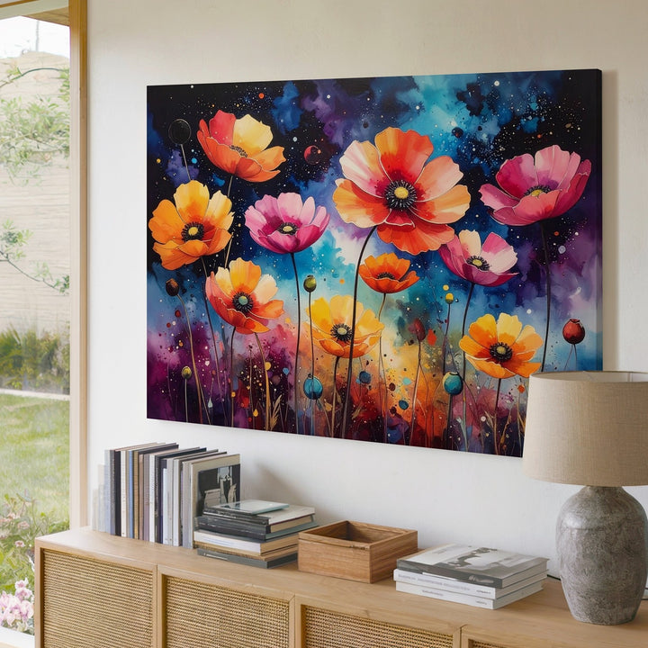 Cosmic Wildflower Canvas – Surreal Floral Fantasy with Starry Night Sky - Gifitto