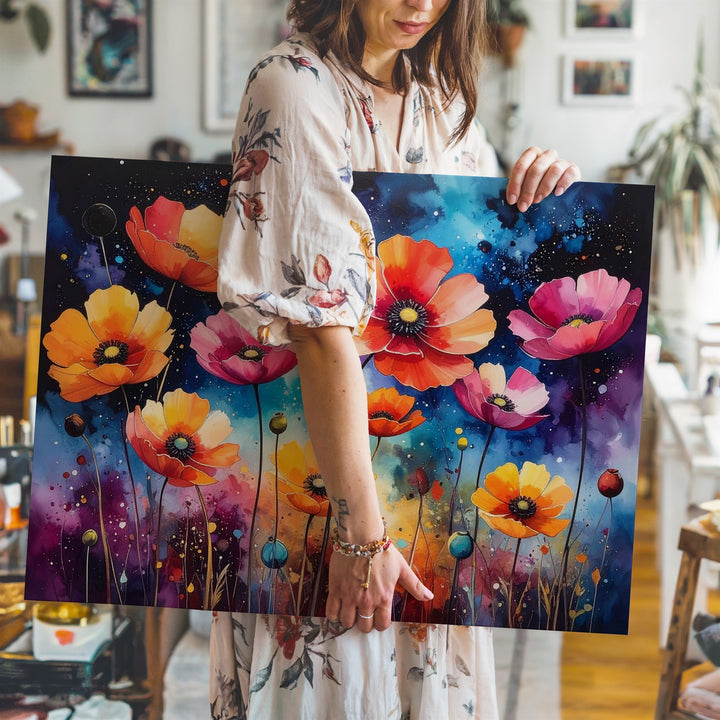 Cosmic Wildflower Canvas – Surreal Floral Fantasy with Starry Night Sky - Gifitto