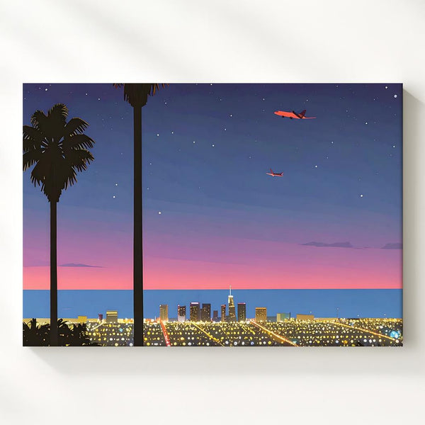 Neon City Twilight Canvas – Dreamy Night Cityscape with Palm Trees & Airplane - Gifitto
