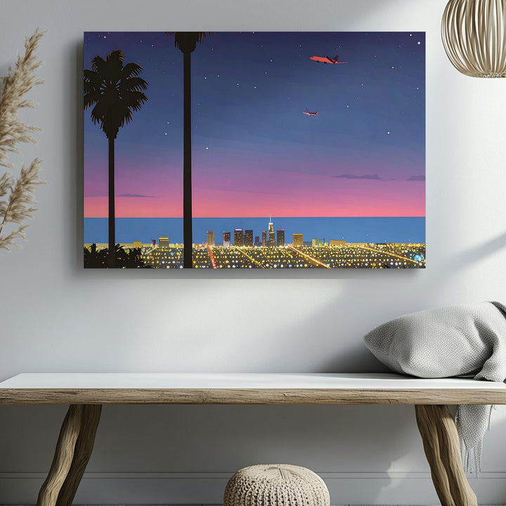 Neon City Twilight Canvas – Dreamy Night Cityscape with Palm Trees & Airplane - Gifitto