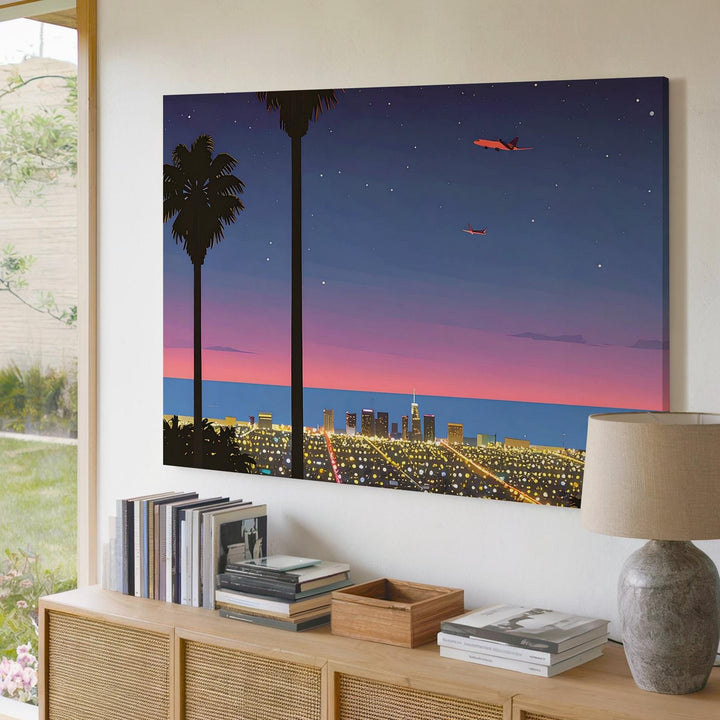 Neon City Twilight Canvas – Dreamy Night Cityscape with Palm Trees & Airplane - Gifitto