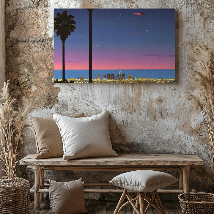 Neon City Twilight Canvas – Dreamy Night Cityscape with Palm Trees & Airplane - Gifitto