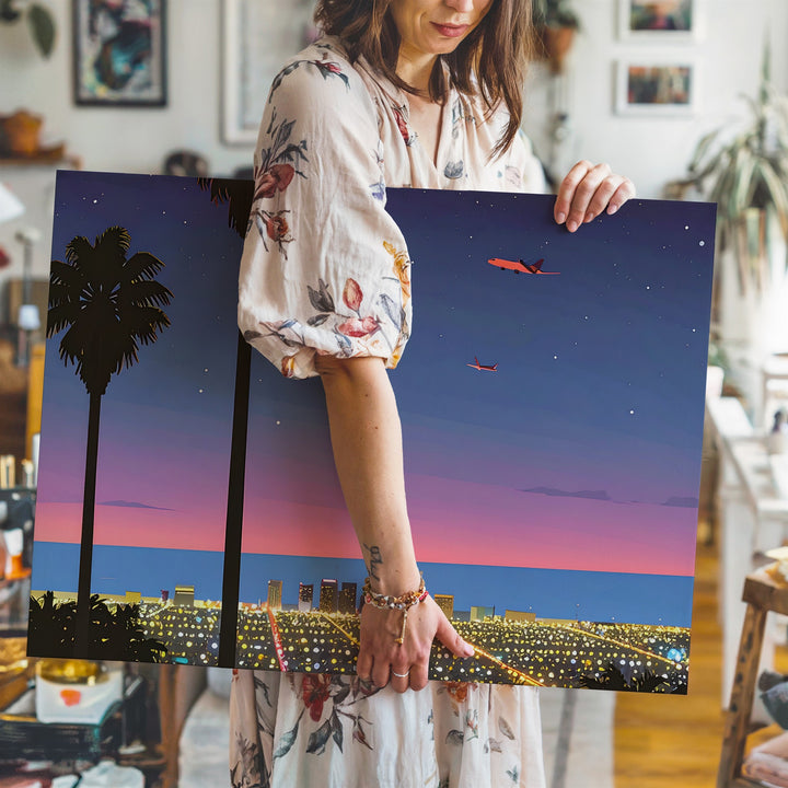 Neon City Twilight Canvas – Dreamy Night Cityscape with Palm Trees & Airplane - Gifitto