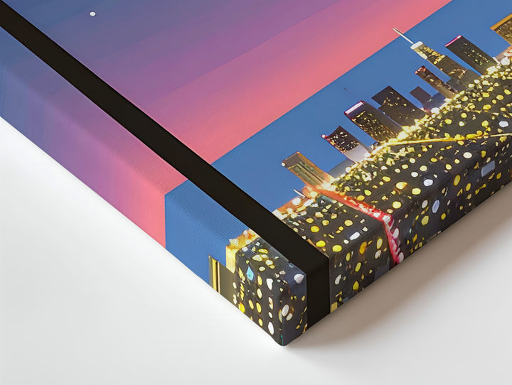 Neon City Twilight Canvas – Dreamy Night Cityscape with Palm Trees & Airplane - Gifitto