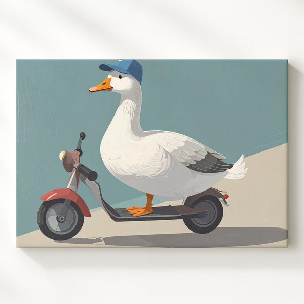 Whimsical Goose on Scooter Canvas – Playful Kids Wall Art - Gifitto