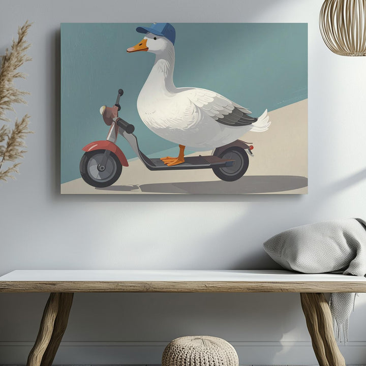 Whimsical Goose on Scooter Canvas – Playful Kids Wall Art - Gifitto