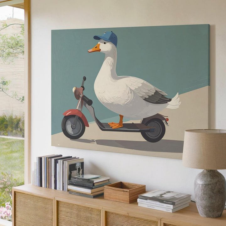 Whimsical Goose on Scooter Canvas – Playful Kids Wall Art - Gifitto