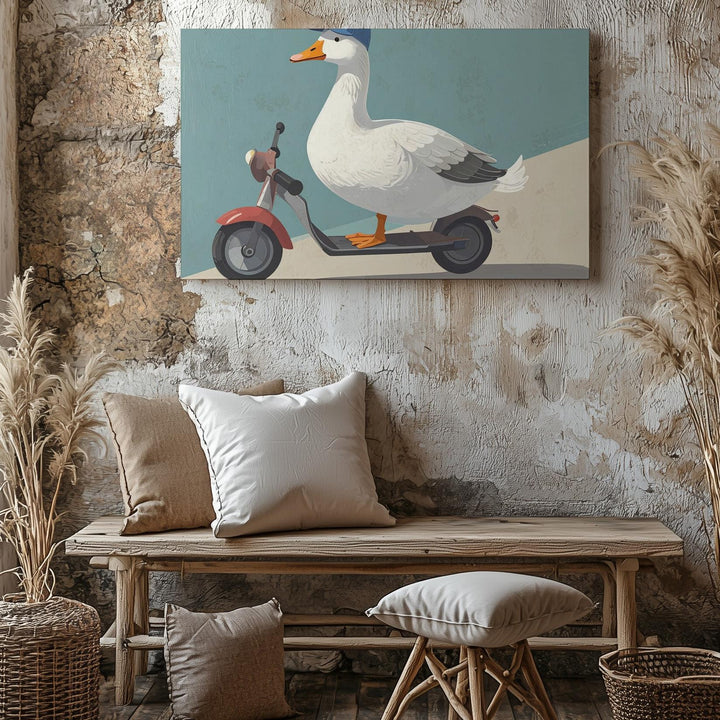 Whimsical Goose on Scooter Canvas – Playful Kids Wall Art - Gifitto