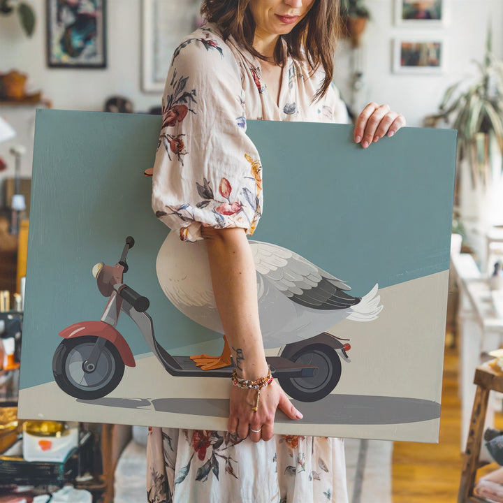 Whimsical Goose on Scooter Canvas – Playful Kids Wall Art - Gifitto