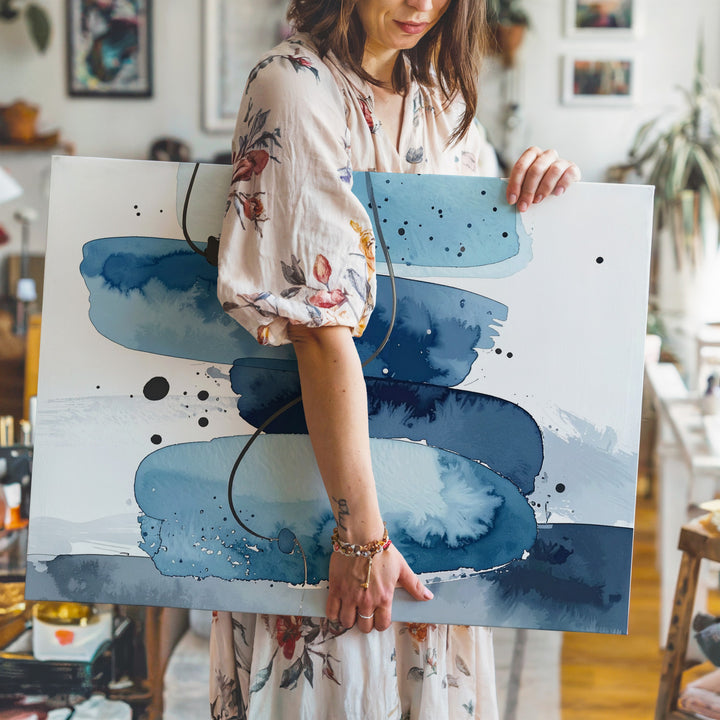 Blue & Gray Watercolor Abstract Canvas – Modern Fluid Geometric Art - Gifitto