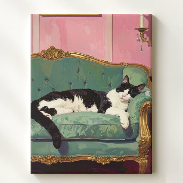 Velvet Lounge Cat Canvas – Elegant Black & White Feline in Vintage Interior - Gifitto