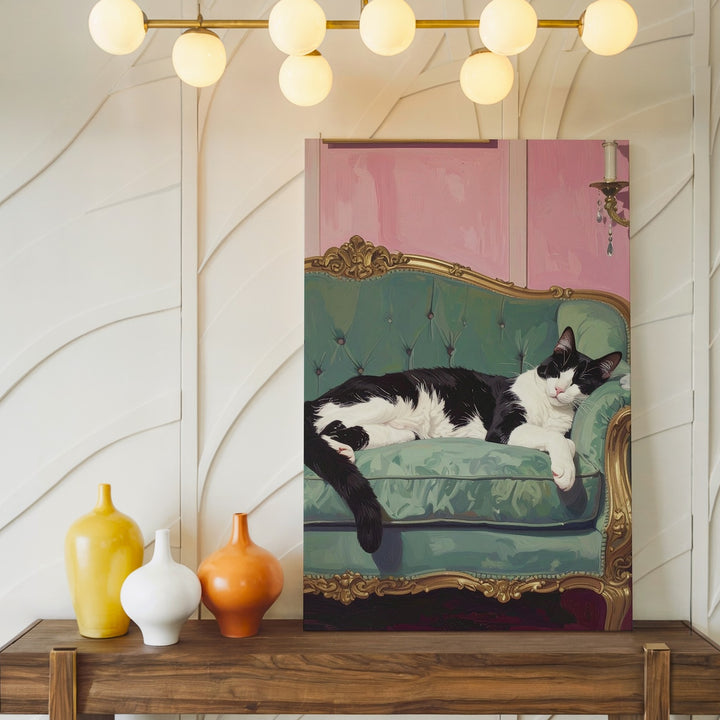 Velvet Lounge Cat Canvas – Elegant Black & White Feline in Vintage Interior - Gifitto