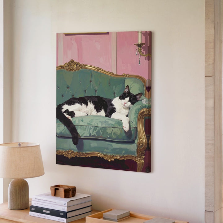Velvet Lounge Cat Canvas – Elegant Black & White Feline in Vintage Interior - Gifitto