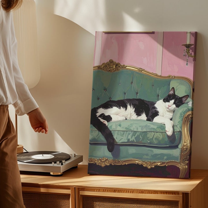 Velvet Lounge Cat Canvas – Elegant Black & White Feline in Vintage Interior - Gifitto