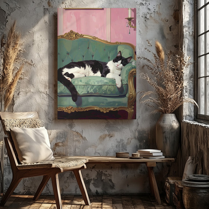 Velvet Lounge Cat Canvas – Elegant Black & White Feline in Vintage Interior - Gifitto