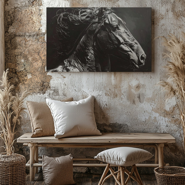 Black Horse in Motion Canvas – Dramatic Equestrian Art - Gifitto