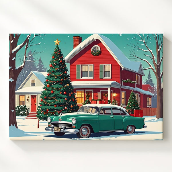 Retro Christmas Car Canvas – Vintage Holiday Home & Tree Scene - Gifitto