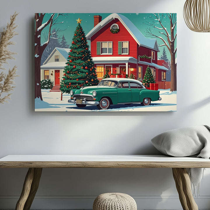 Retro Christmas Car Canvas – Vintage Holiday Home & Tree Scene - Gifitto