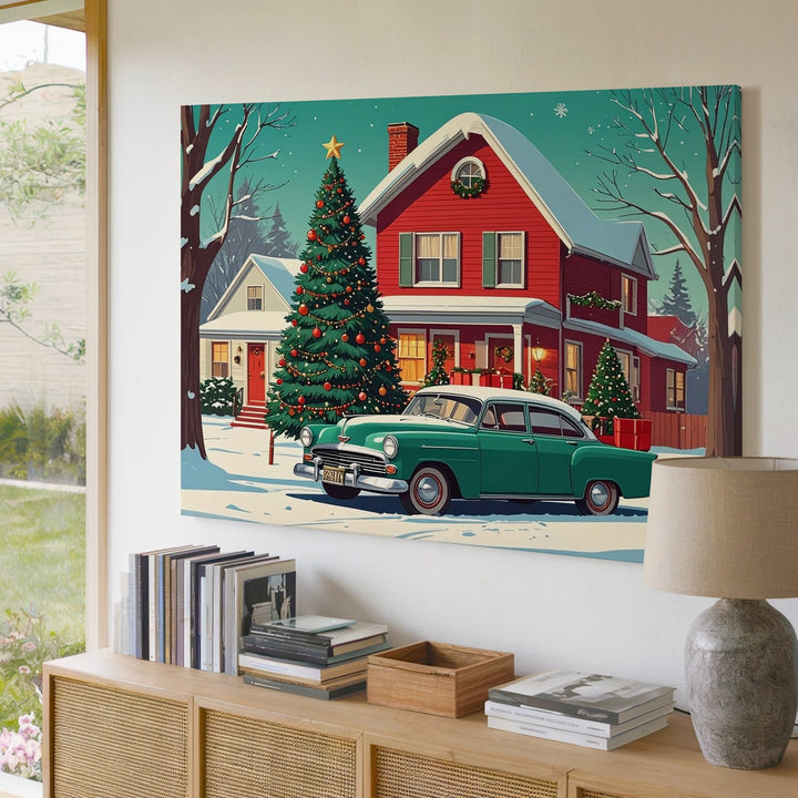 Retro Christmas Car Canvas – Vintage Holiday Home & Tree Scene - Gifitto